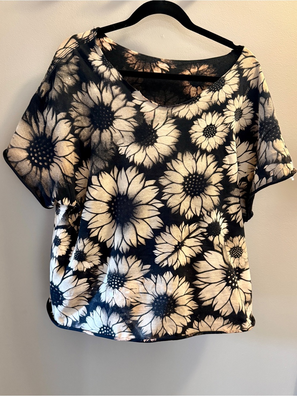 Adorable Black Short Sleeve hand bleached Sunflower Top - Women